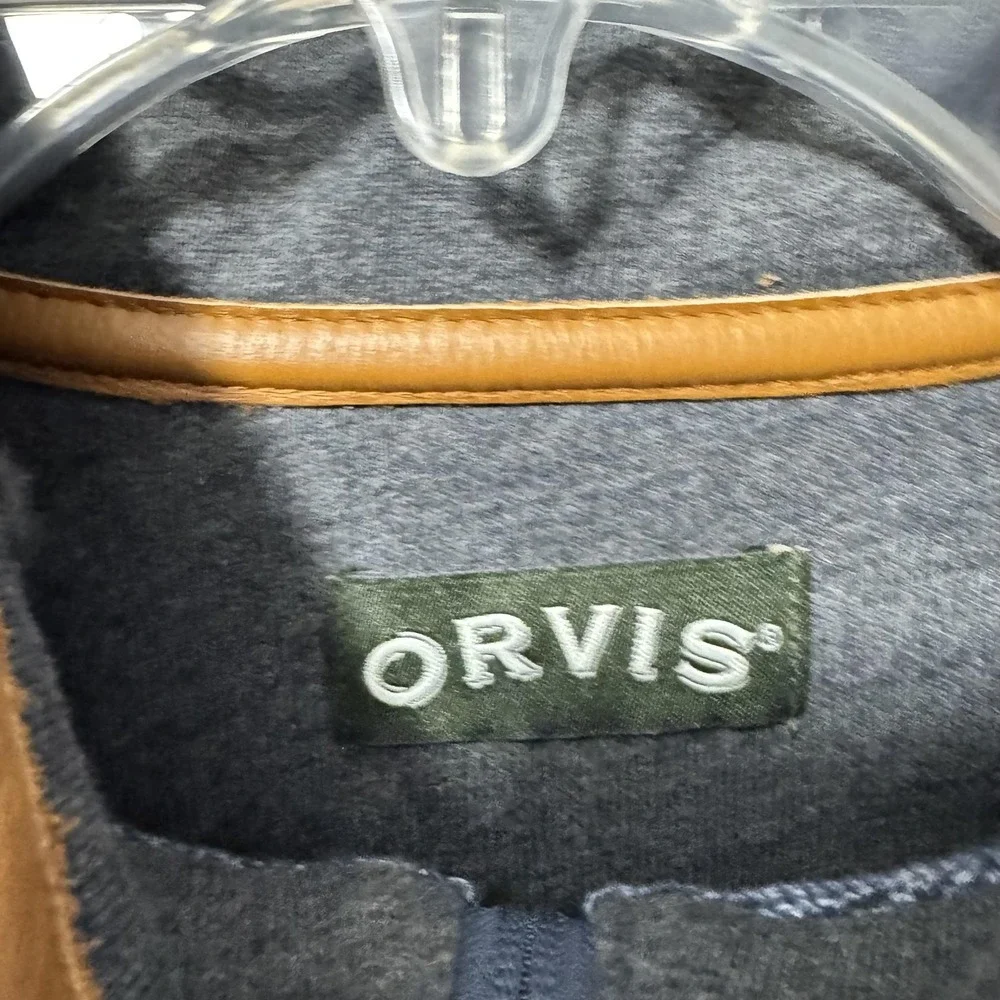Orvis Sweater Mens Large Blue Quarter‎ Zip Mock Neck Leather Trim Elbow Patches